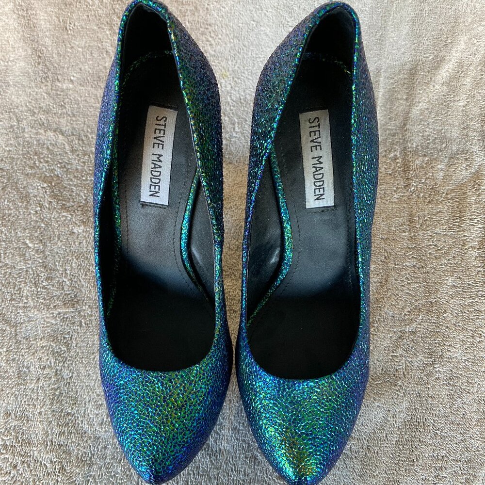 Steve Madden “Deja Vu” Iridescent Green Blue Platform Pumps | Size 8M | Glitter - Picture 1 of 8